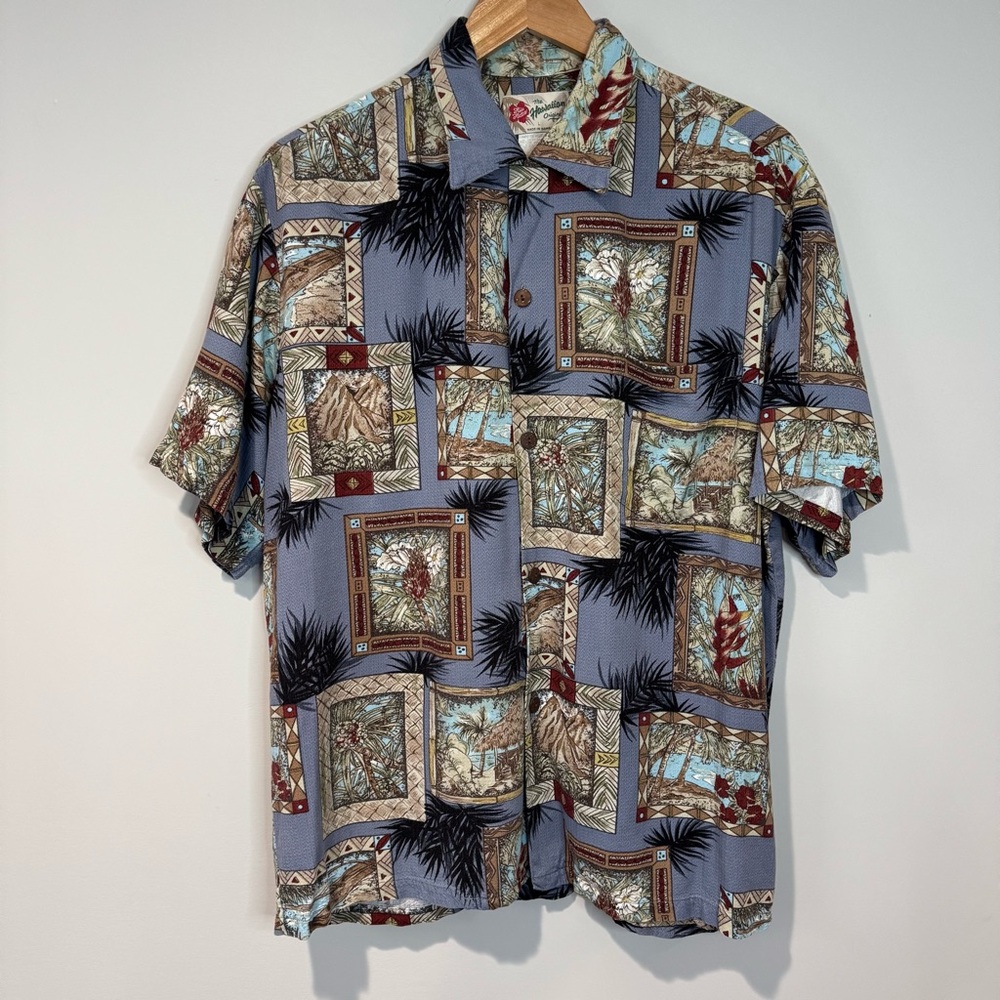 Hilo Hattie Vintage Mens Hawaiian Shirt Rayon Scenic Patchwork Camp Aloha Size L